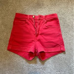High-waisted red denim shorts